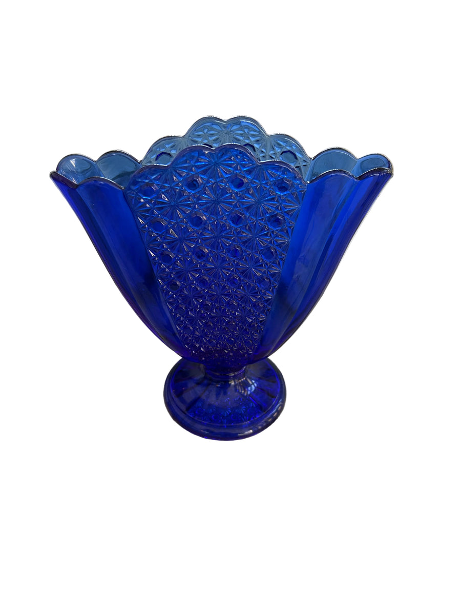 Vintage Cobalt Blue Daisy & Button-Style Pedestal Vase