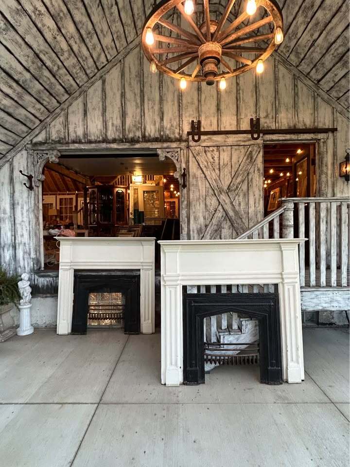 Pair of Antique Fireplace Mantels with Cast Iron Inserts and Cast Iron Fire Baskets