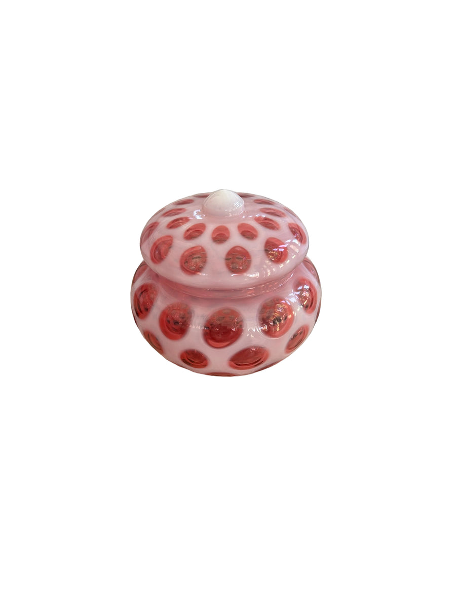 Vintage Cranberry Opalescent Coin Dot Covered Powder Jar