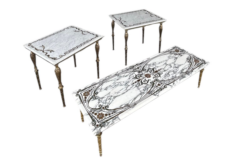 Neoclassical Style Marble+Brass Side Tables + Coffee Table