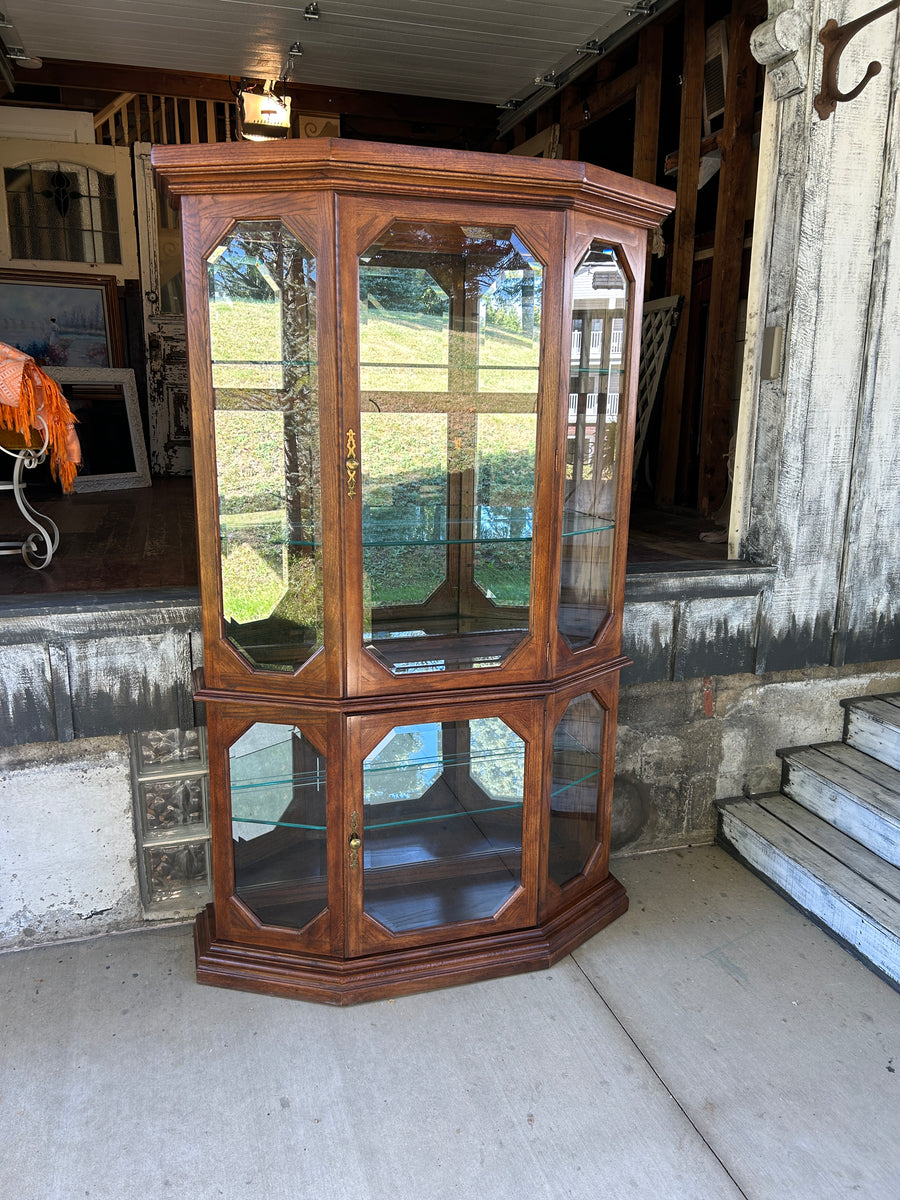 Vintage Oak Curio Display Cabinet with Octagonal Beveled Glass