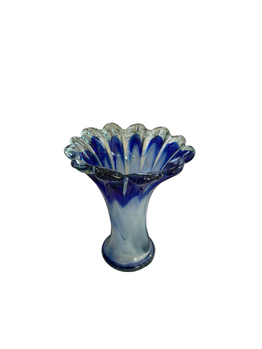 Vintage Blue & White Opalescent Ruffled Art Glass Vase