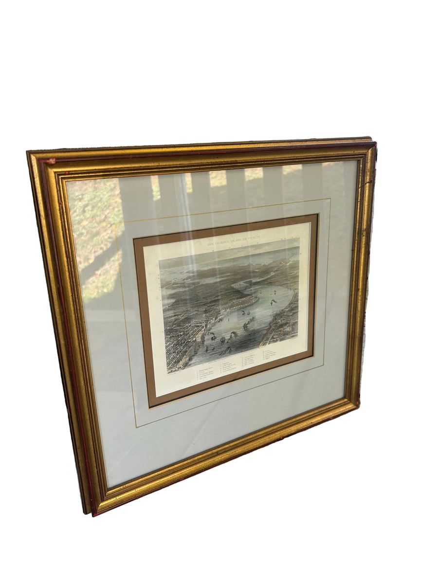 Vintage Framed Historical New Orleans & Mississippi River Panoramic Print