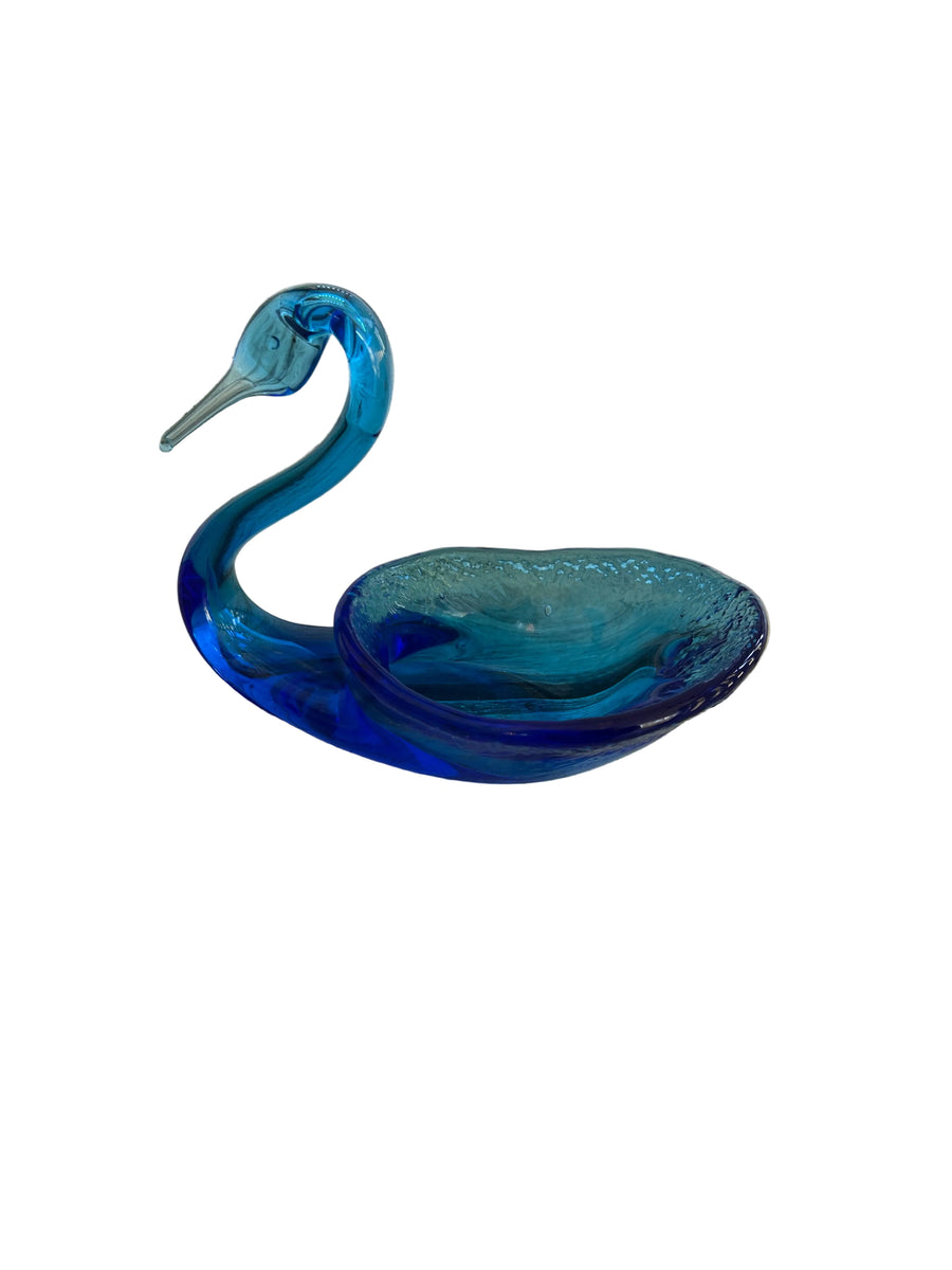 Vintage Blue & Aqua Art Glass Swan Trinket Dish