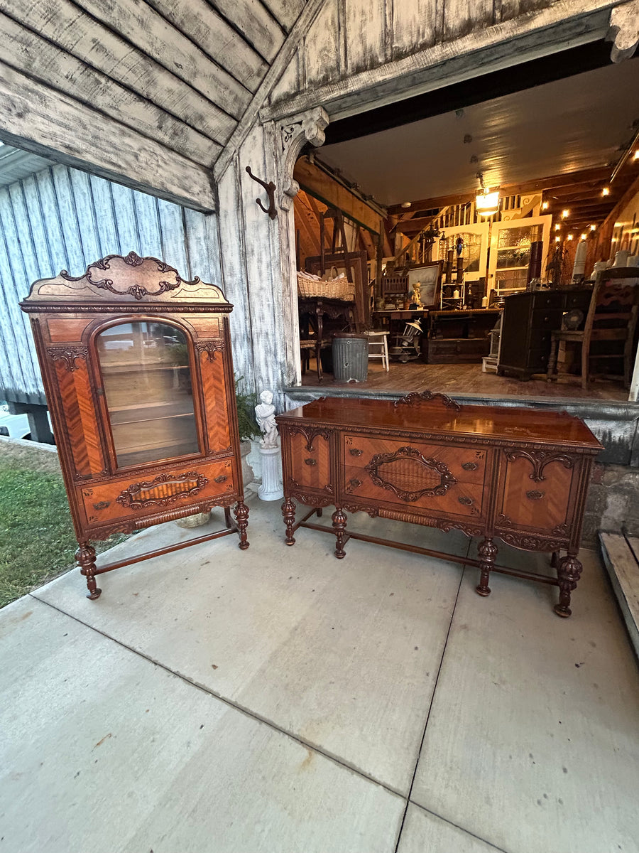 Antique Jacobean Style Buffet and China Cabinet