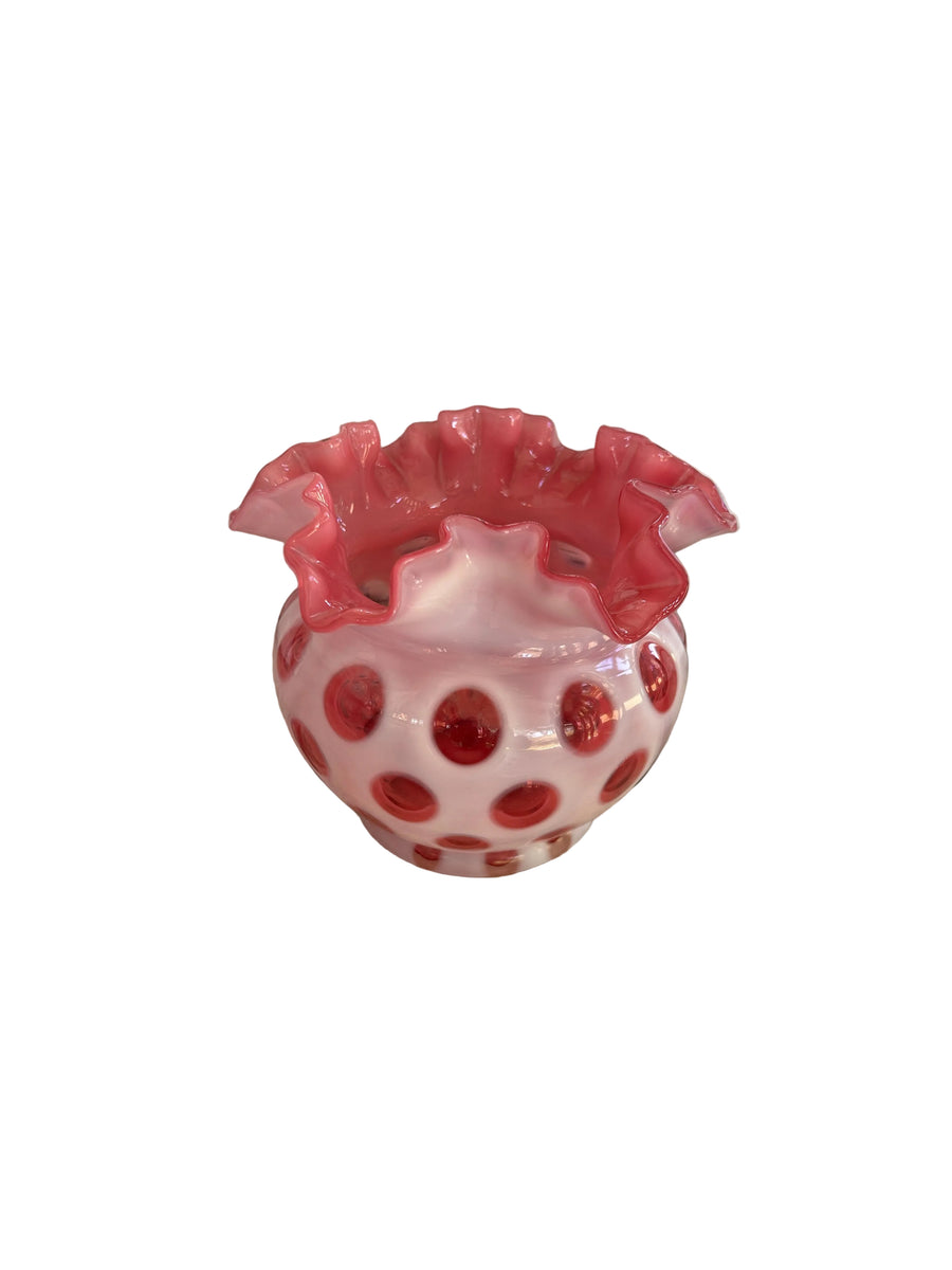 Vintage Cranberry Opalescent Coin Dot Ruffled Rose Bowl