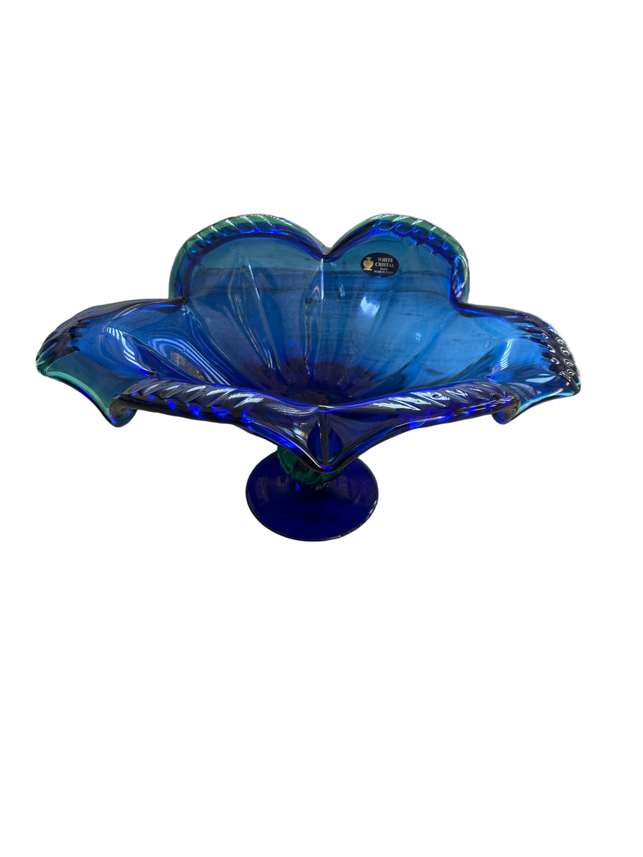 Vintage White Cristal Italian Blue & Green Art Glass Centerpiece Bowl