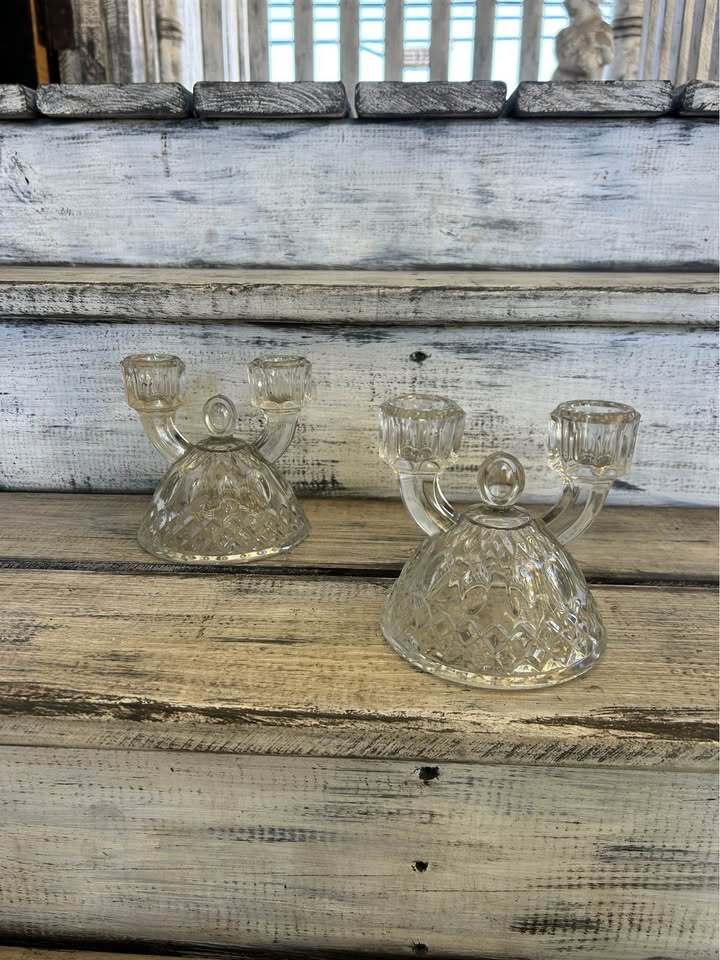 Vintage Glass Double Candle Holders - Pair