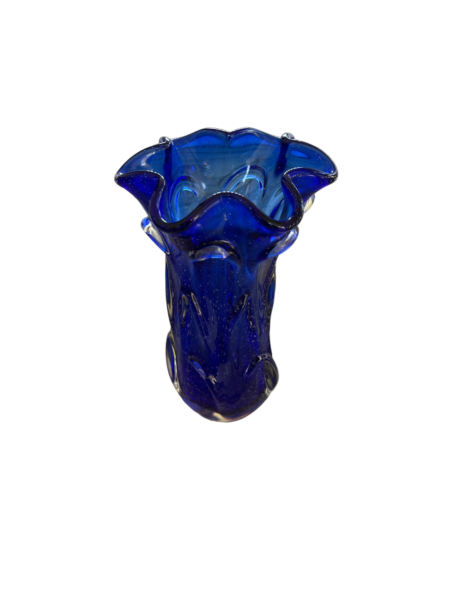 Vintage Cobalt Blue Bubble Art Glass Ruffled Vase