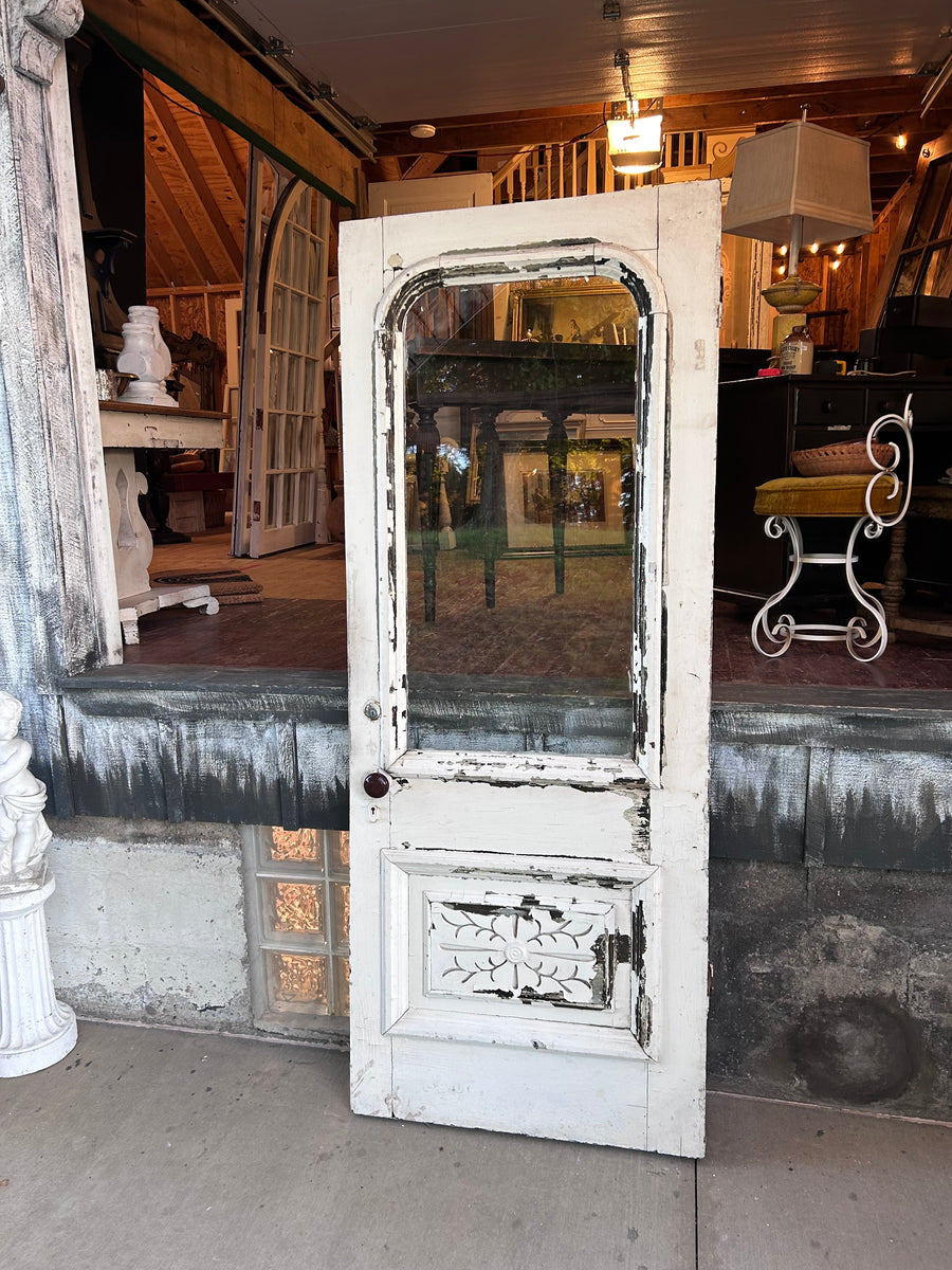 Antique Entry Door with Original Wavy Glass & Carved Panel