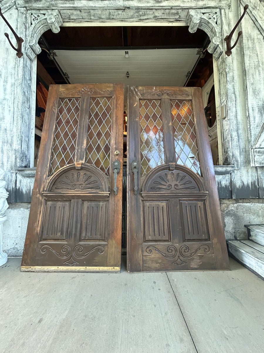 Pair of 36” Antique Carved Wood Double Doors with Leaded Glass