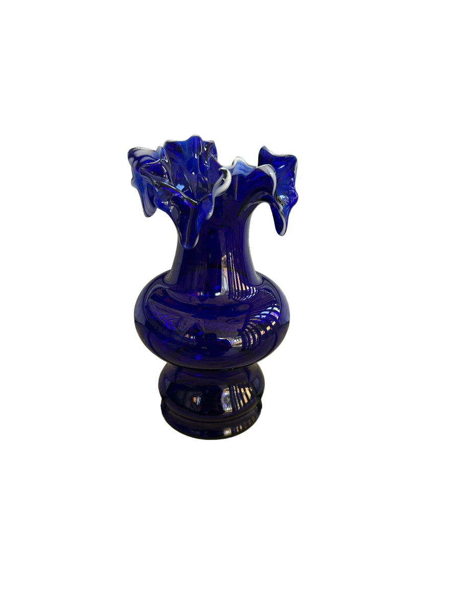 Vintage Cobalt Blue Art Glass Vase with White Trailed Ruffled Rim