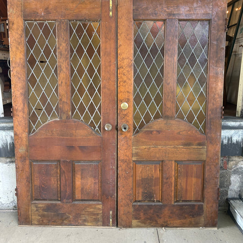 Pair of 36” Antique Carved Wood Double Doors with Leaded Glass