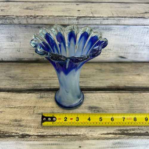 Vintage Blue & White Opalescent Ruffled Art Glass Vase