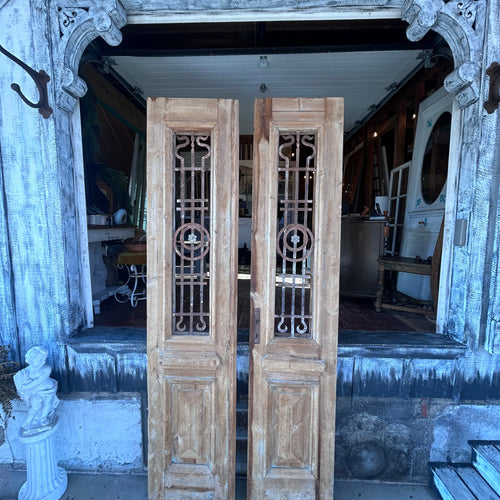 Antique Solid Wood Double Doors with Wrought Iron Grilles