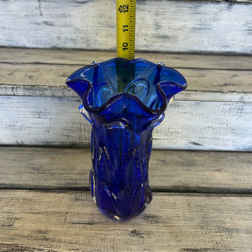 Vintage Cobalt Blue Bubble Art Glass Ruffled Vase