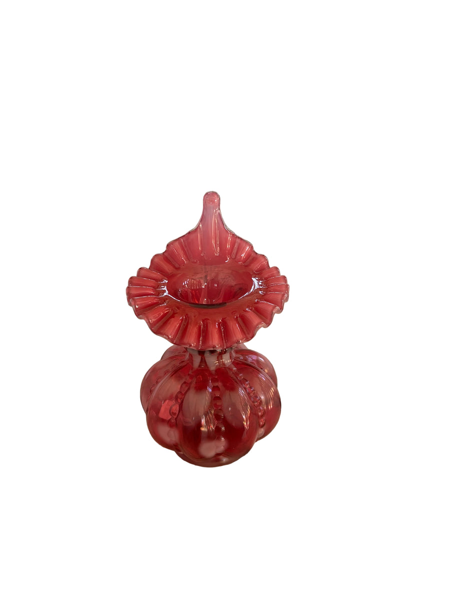 Vintage Cranberry Opalescent Beaded Melon Jack-in-the-Pulpit Vase