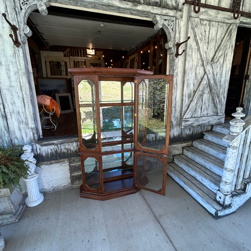 Vintage Oak Curio Display Cabinet with Octagonal Beveled Glass