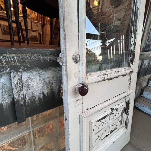 Antique Entry Door with Original Wavy Glass & Carved Panel