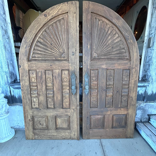 Antique Arched Solid Wood Double Entry Doors with Carved Fan Detail