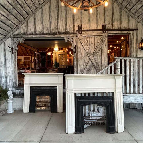 Pair of Antique Fireplace Mantels with Cast Iron Inserts and ￼Cast Iron Fire Baskets