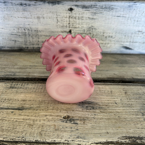 Vintage Pink Opalescent Coin-Spot Ruffled Top Hat Vase