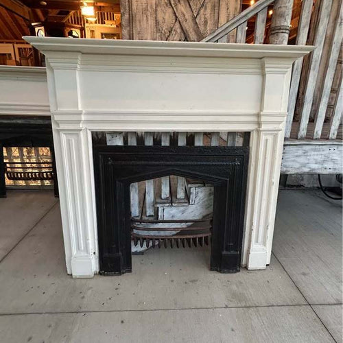 Pair of Antique Fireplace Mantels with Cast Iron Inserts and ￼Cast Iron Fire Baskets