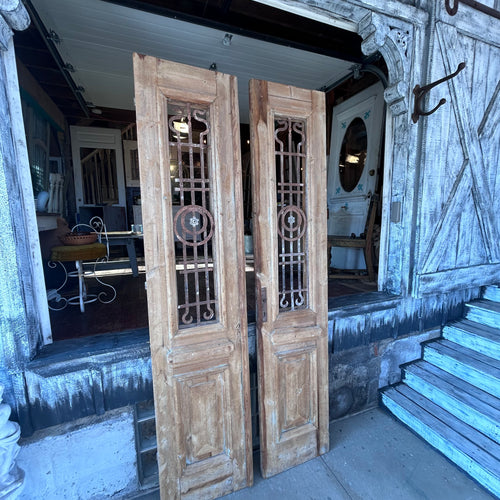 Antique Solid Wood Double Doors with Wrought Iron Grilles