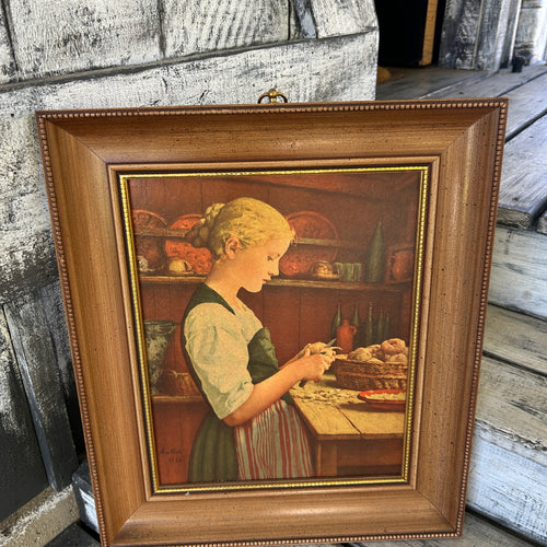 Vintage Framed Girl Peeling Potatoes Print - After Albert Anker