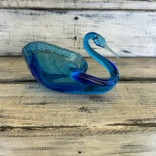 Vintage Blue & Aqua Art Glass Swan Trinket Dish