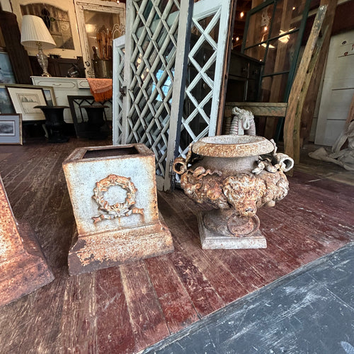 Antique Cast Iron Lion Head Garden Urns w/ Pedestals