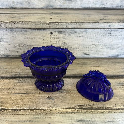 Vintage Cobalt Blue Pressed Glass Covered Candy Dish
