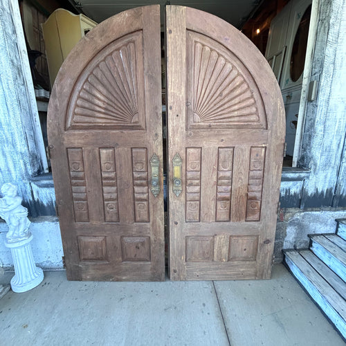 Antique Arched Solid Wood Double Entry Doors with Carved Fan Detail