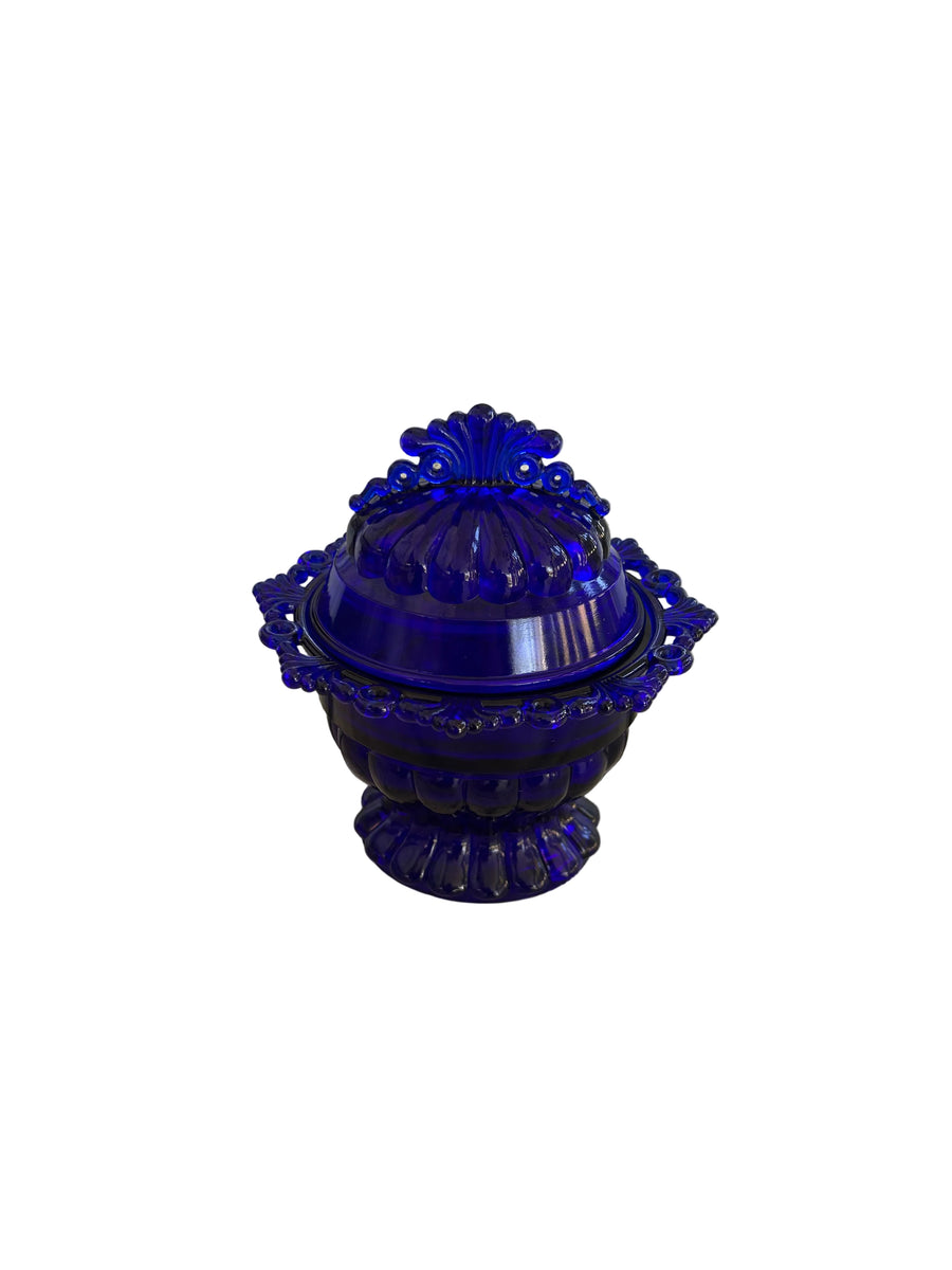 Vintage Cobalt Blue Pressed Glass Covered Candy Dish