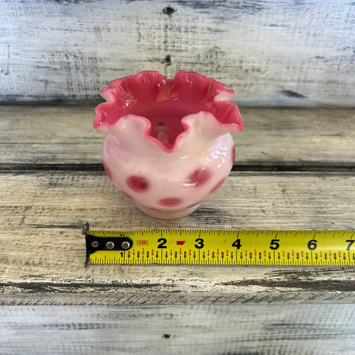 Vintage Cranberry Opalescent Coin Dot Ruffled Rose Bowl