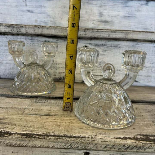Vintage Glass Double Candle Holders - Pair