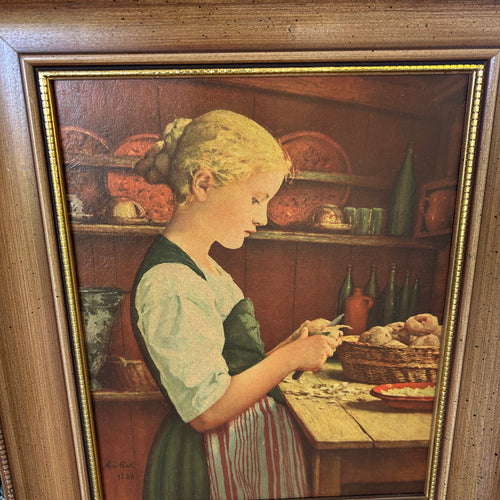 Vintage Framed Girl Peeling Potatoes Print - After Albert Anker