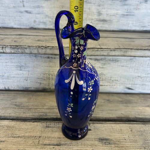 Vintage Cobalt Blue Hand-Painted Floral Glass Ewer