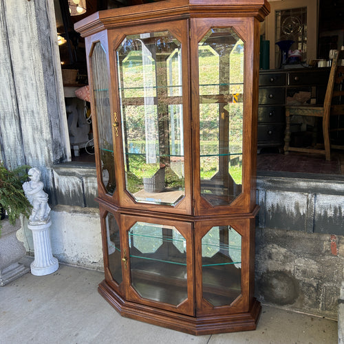 Vintage Oak Curio Display Cabinet with Octagonal Beveled Glass
