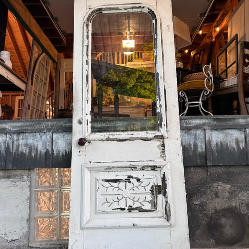 Antique Entry Door with Original Wavy Glass & Carved Panel