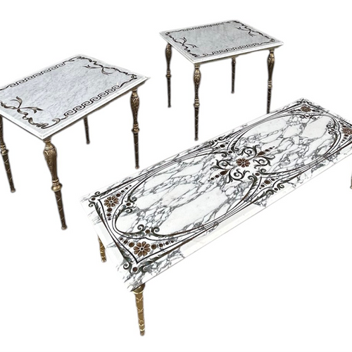 Neoclassical Style Marble+Brass Side Tables + Coffee Table