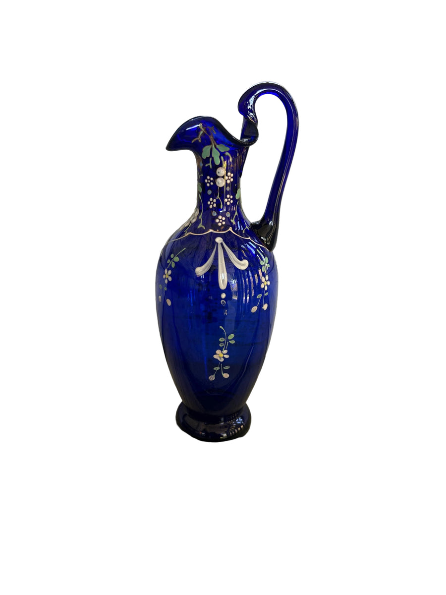 Vintage Cobalt Blue Hand-Painted Floral Glass Ewer