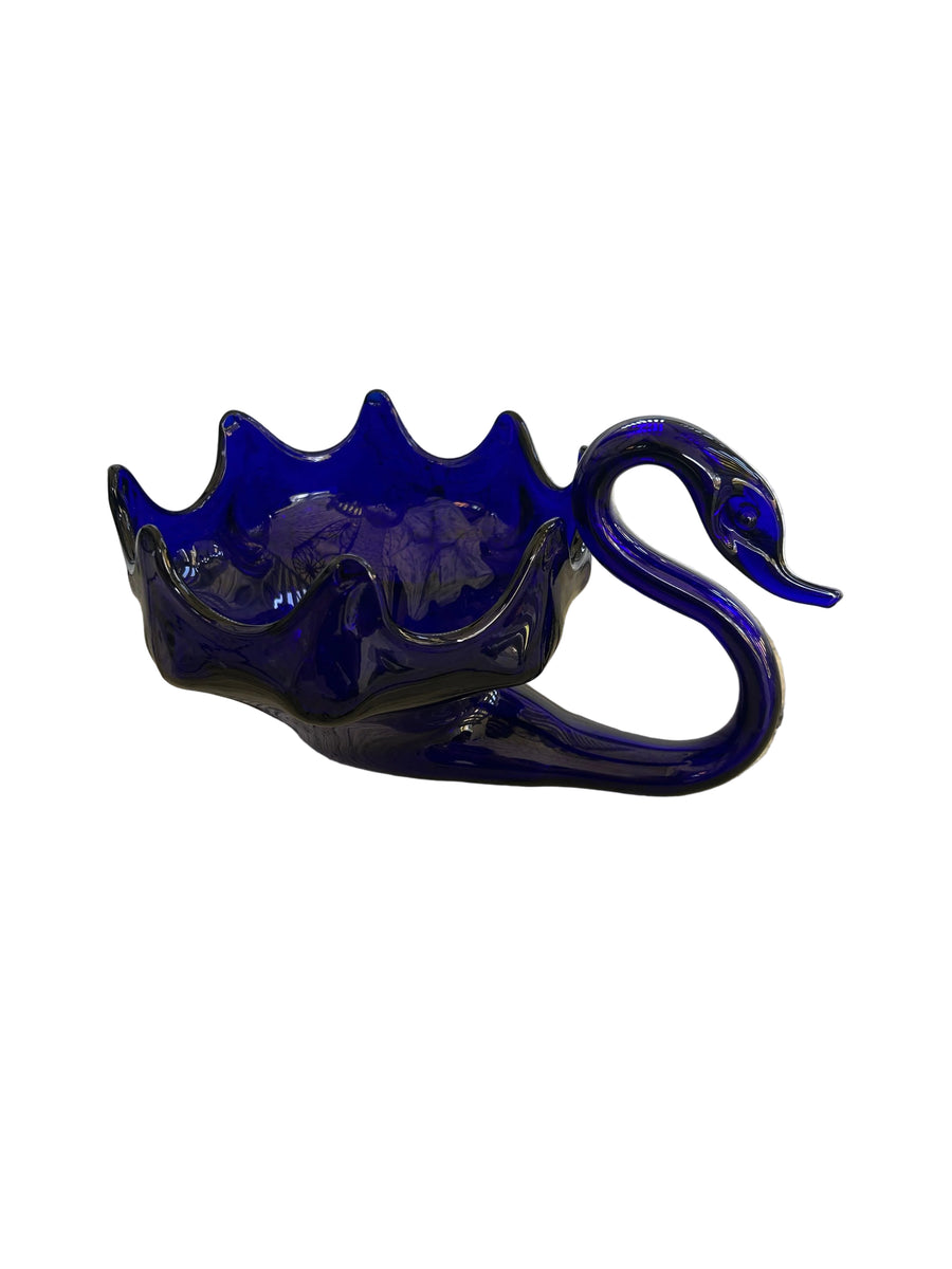 Vintage Cobalt Blue Art Glass Swan Centerpiece Bowl
