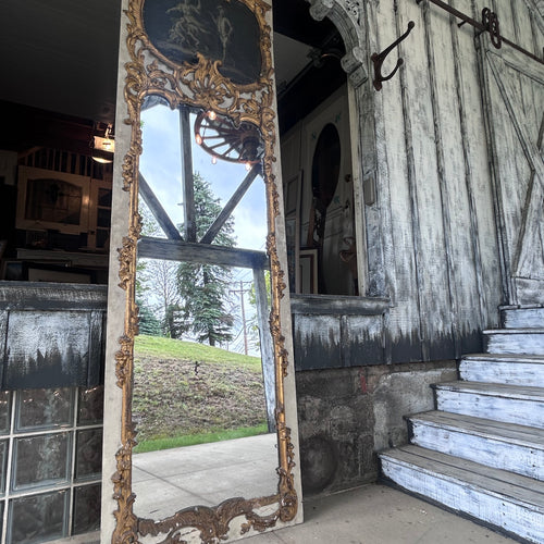 Monumental Rocco Revival Floor Mirror w/Antique Figural Panel