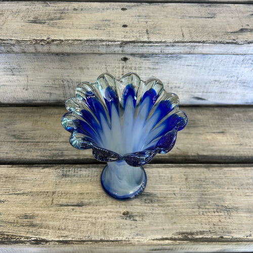 Vintage Blue & White Opalescent Ruffled Art Glass Vase