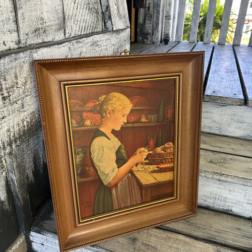 Vintage Framed Girl Peeling Potatoes Print - After Albert Anker