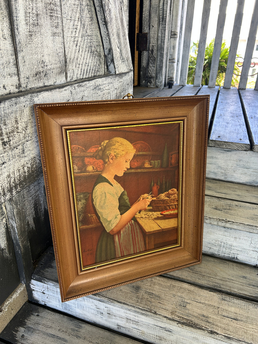 Vintage Framed Girl Peeling Potatoes Print - After Albert Anker