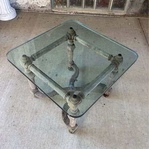 Vintage Weathered Glass Top Wood Accent Table