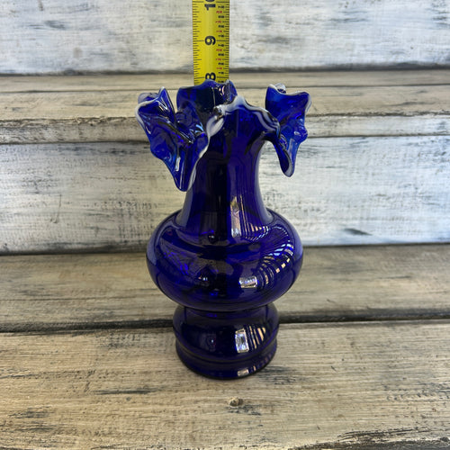 Vintage Cobalt Blue Art Glass Vase with White Trailed Ruffled Rim