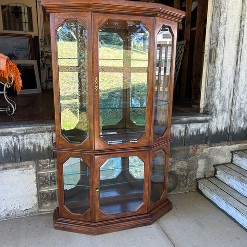 Vintage Oak Curio Display Cabinet with Octagonal Beveled Glass